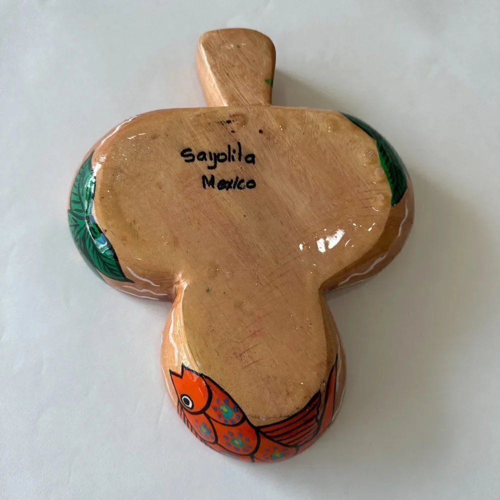 Triple Tri-Bowl Condiment Salsa Dip Mexican Hand Painted Wood Server Dish